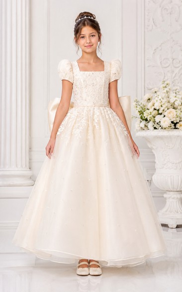 Square Neck Puff Sleeve Ivory Tulle First Communion Ball Gown with Bow Back