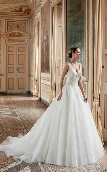 A-Line Appliqued Sleeveless V-Neck Floor-Length Tulle Wedding Dress With Ruffles