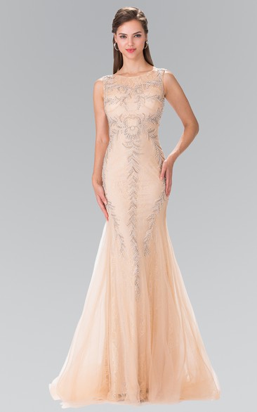 Mermaid Scoop-Neck Sleeveless Tulle Lace Illusion Dress With Beading
