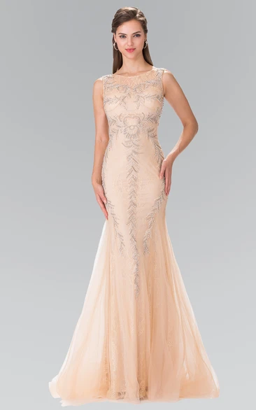 Mermaid Scoop-Neck Sleeveless Tulle Lace Illusion Dress With Beading