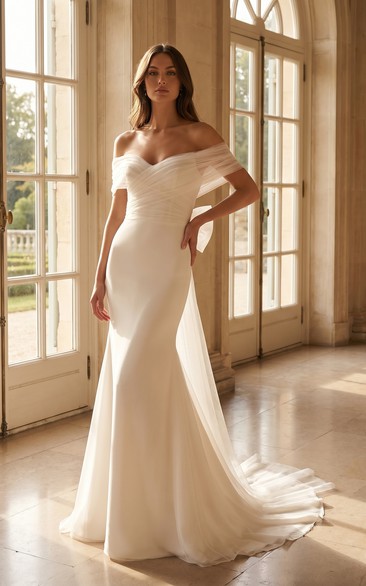 Off Shoulder Wedding Dress with Oversized Bow Back and Soft Tulle Chapel Train