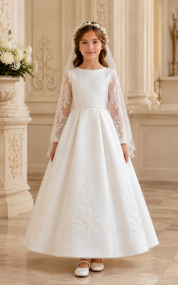 Simple Long Sleeve Satin White First Communion Dress with Lace Sleeves