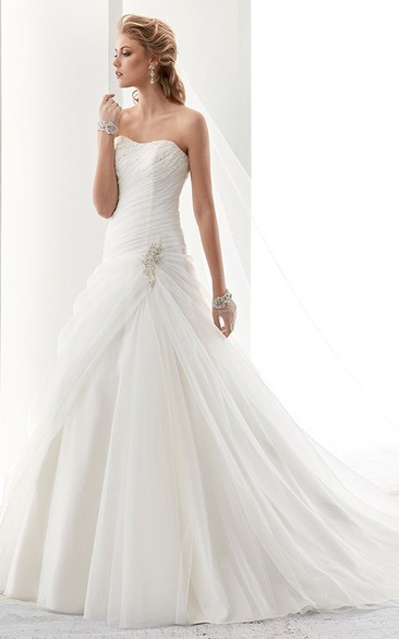 Strapless Pleated Wedding Dress with Side Ruffles and Brush Train 