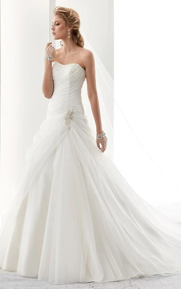 Strapless Pleated Wedding Dress with Side Ruffles and Brush Train 