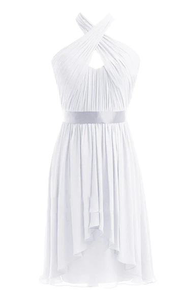 Sleeveless Halter Long Pleated Chiffon Dress With Sash