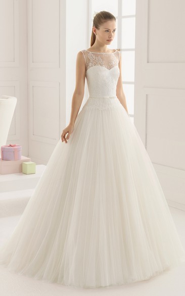 Illusion-Neck Back Lacy Sleeveless Pleated Gown