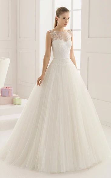 Illusion-Neck Back Lacy Sleeveless Pleated Gown