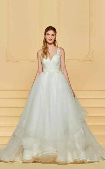 Sleeveless Adorable Lace Cute Wedding Dress With Ruflles And Illusion Button Back