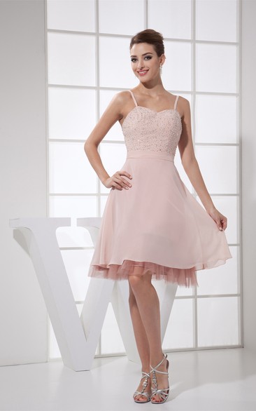 Spaghetti Straps Knee Length A-Line Chiffon Dress With Beadings and Zipper Back