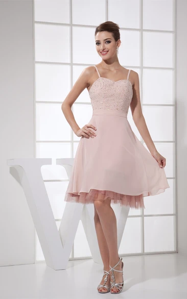 Spaghetti Straps Knee Length A-Line Chiffon Dress With Beadings and Zipper Back