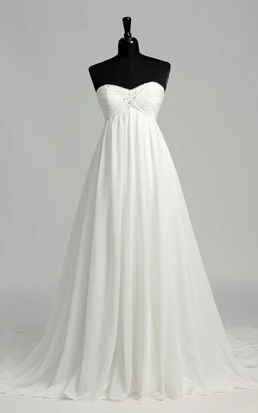 A-line Sweetheart Sleeveless Floor-length Chiffon Wedding Dress with Court Train
