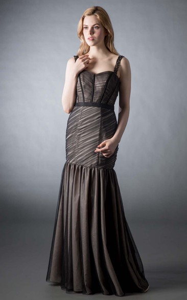 Mermaid Sleeveless Ruched Strapped Tulle Bridesmaid Dress With Beading