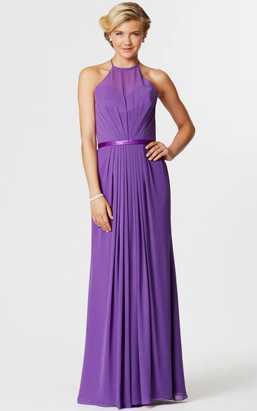 Sleeveless Ribboned High Neck Chiffon Bridesmaid Dress With Ruching