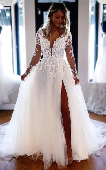 Elegant Long Sleeve Front Split A-line Applique Tulle Wedding Dress with Keyhole Back