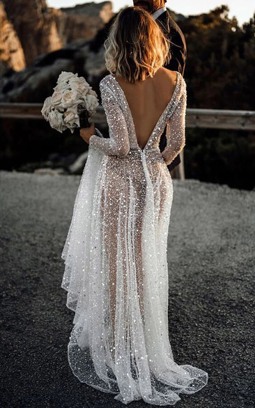 Sexy Illusion Beaded Ethereal Sheath Long Sleeve Plunged Dress