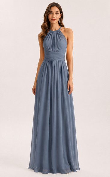 Chiffon Prom Dress in Steel Blue, Halter, High Neck A-Line Floor-Length Gown with Pleats