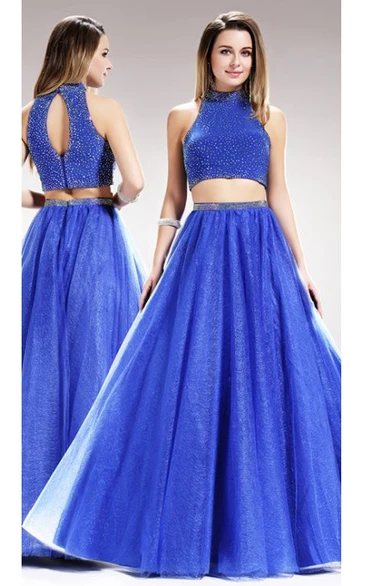 Two-Piece A-Line Floor-Length High Neck Sleeveless Satin Keyhole Dress With Beading