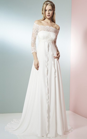 A-Line 3-4 Sleeve Off-The-Shoulder Lace Empire Chiffon Modest Wedding Dress
