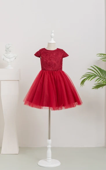Red Lace Empire Tulle A-line Short Flowergirl Dress