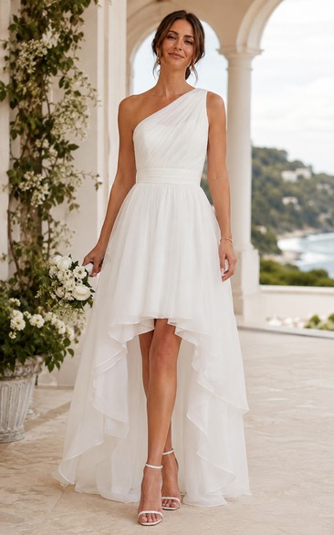 White High-low One-Shoulder Chiffon A-line Wedding Dress with Pleats