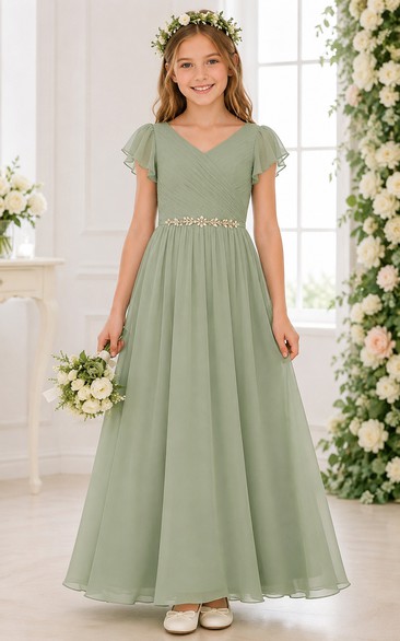 Sage A-Line Tulle Flower Girl Dress with Bow Sash