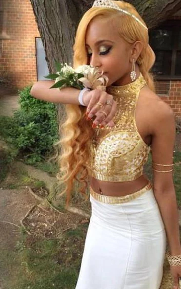 Sexy Halter Sequined Two Piece Prom Dress Memaid Sweep Train Sleeveless