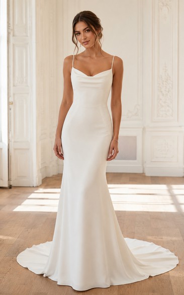Cowl Neck Satin Mermaid Wedding Dress with Spaghetti Straps and Chapel Train