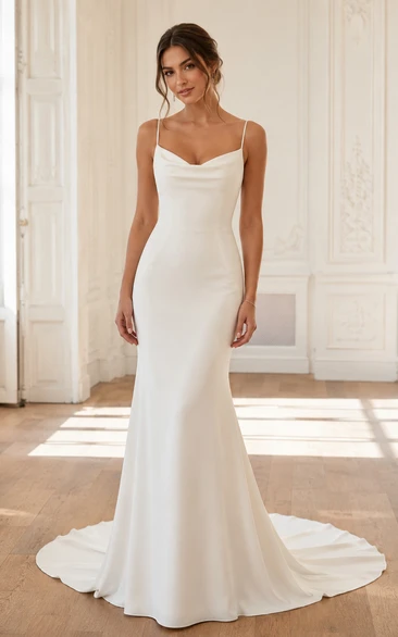 Cowl Neck Satin Mermaid Wedding Dress with Spaghetti Straps and Chapel Train