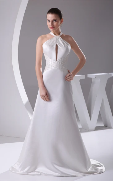 Sleeveless A-Line Jeweled Satin Keyhole and Dress With Halter