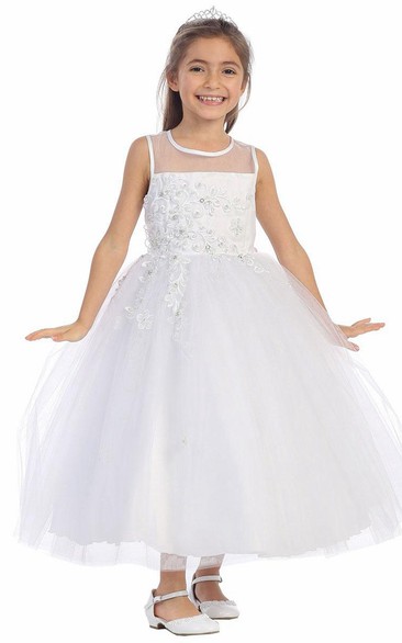 Floral Ankle-Length Beaded Appliqued Tulle&Lace Flower Girl Dress With Tiers