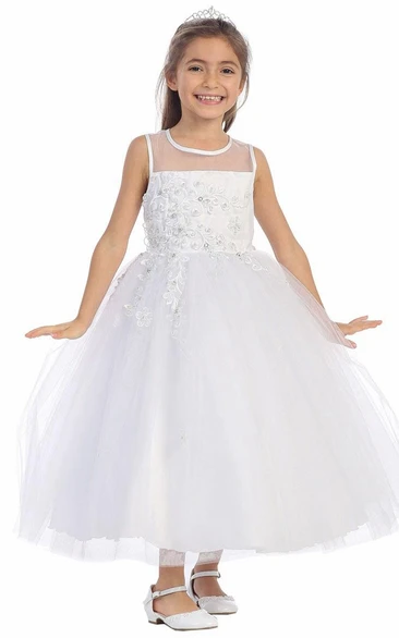 Floral Ankle-Length Beaded Appliqued Tulle&Lace Flower Girl Dress With Tiers