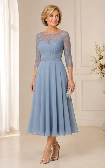 Steel Blue Jeweled Waist Tea Length Mother Dress Steel Blue Bateau Jewel A-Line Tea-length