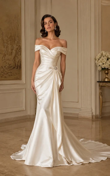 Off-the-Shoulder Satin Mermaid Vintage Wedding Dress