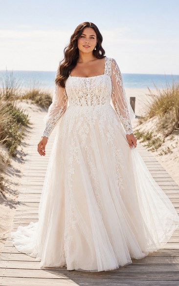 Plus Size Strandhochzeitskleid mit eckigem Ausschnitt, langen Ärmeln und Schleppe aus Spitze