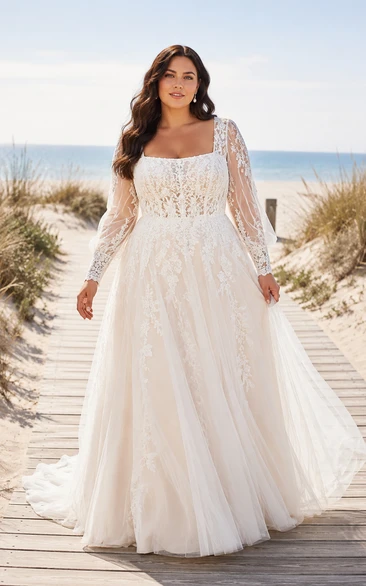 Plus Size Strandhochzeitskleid mit eckigem Ausschnitt, langen Ärmeln und Schleppe aus Spitze