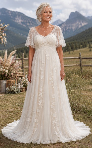 Plus Size Flutter Sleeve Lace A-Line Older Brides Wedding Dress with Chapel Train