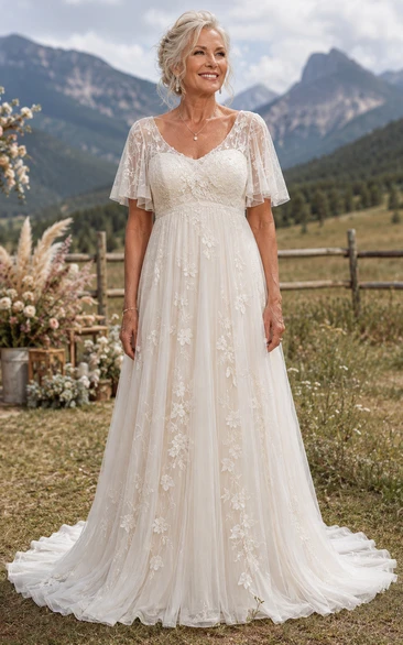 Plus Size Flutter Sleeve Lace A-Line Older Brides Wedding Dress with Chapel Train