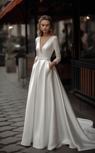 Plunged Satin Long Sleeve Elegant A-line Wedding Dress