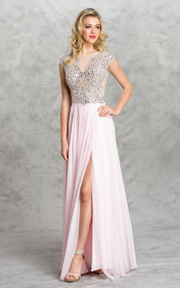 Sheath Maxi Jewel-Neck Cap-Sleeve Chiffon Illusion Dress With Split Front And Beading