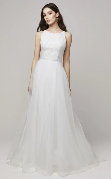 Sexy Bateau Neck A Line Lace Bridal Gown with Train