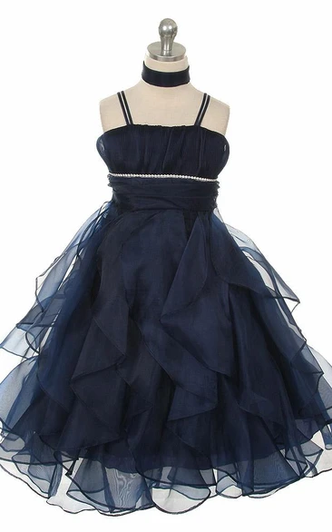 Ankle-Length Cape Empire Pleated Tiered Organza Flower Girl Dress With Sash