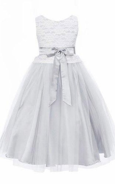 Tea-Length Sleeveless Tulle&Lace Flower Girl Dress
