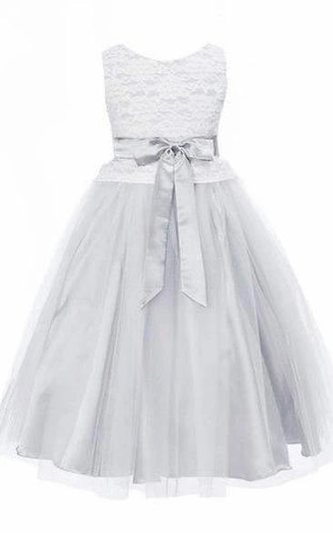 Tea-Length Sleeveless Tulle&Lace Flower Girl Dress