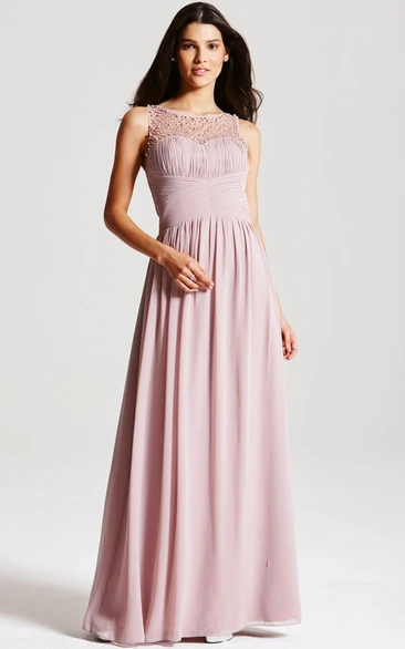 Ruched Sleeveless Bateau Neck Chiffon Bridesmaid Dress With Beading And Straps