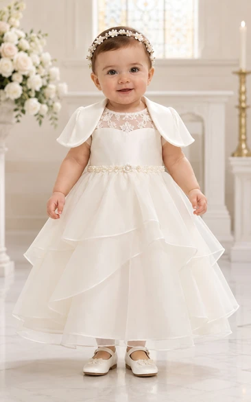 Baby Christening Gown Modest Princess Ball Gown Cap Sleeve Tulle Lace Tea-Length with Bow Sash in Ivory