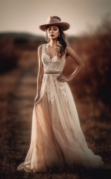 Lace Tulle A-line Sleeveless Applique Champagne Country Flowy Wedding Dress