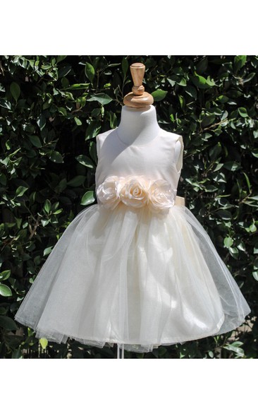 Scoop Neck A-line Pleated Knee Length Tulle Dress With Flowers and Bow