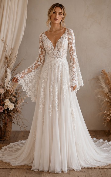 Boho Lace Wedding Dress with Deep V-Neck, Long Bell Sleeves & Flowing A-Line Bridal Train