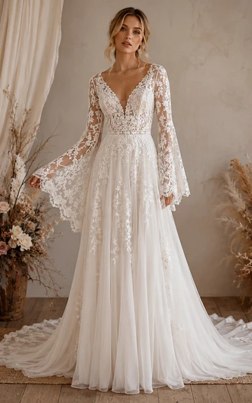 Boho Lace Wedding Dress with Deep V-Neck, Long Bell Sleeves & Flowing A-Line Bridal Train