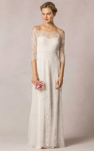 Sheath Off-The-Shoulder Floor-Length 3-4-Sleeve Lace Wedding Dress
